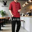 花花公子（PLAYBOY）夏季短袖唐装男士中国风男装复古风汉服男中山装薄款衬衫 红色 单件上衣 M 90-115