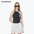 ANN ANDELMAN修身短款印花丝巾毛织背心蝴蝶结绑带无袖针织上衣 深灰色 M