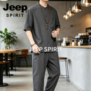 JEEP SPIRIT唐装男中国风套装短袖T恤男夏季薄款半袖唐装男士套装爸爸装棉麻 深灰色 套装 M (39) 100 - 120 斤