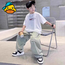 G.duck男童夏装长裤套装2026新款大童夏季短袖衣服潮帅气时髦男孩夏款 白色 160 cm