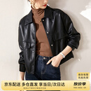 尚都比拉干练帅气经典百搭翻领口袋设计机车夹克女皮衣 黑色 L 