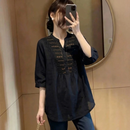 2026春夏新款法式刺绣正肩短袖T恤宽松遮肉显瘦半袖v领上衣女 黑色 XL (建议110-130斤)