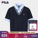 FILA 斐乐官方女子编织衫2026夏新款时尚假两件拼接撞色套头毛衣 藏烟蓝-DB XL 175/92A/XL