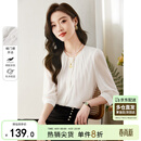 尚都比拉时尚洋气圆领七分袖雪纺衫女秋高级少女感气质通勤上衣 白色 M