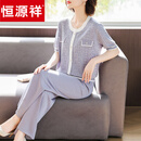 恒源祥妈妈夏装洋气套装短袖两件套天丝2026新款中老年女装冰丝上衣服 蓝色 M