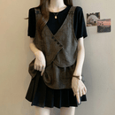 大码女装复古假两件正肩短袖t恤女夏季胖妹妹洋气百搭遮肚子上衣 图片色 XL 建议105-135斤