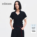 edition毛织上衣女2026春季新款翻折短袖假两件中式羊毛针织衫 深宝蓝色 L