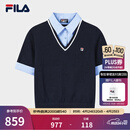 FILA 斐乐官方女子编织衫2026夏新款时尚假两件拼接撞色套头毛衣 藏烟蓝-DB XL 175/92A/XL