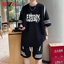 雅鹿短袖T恤男夏季宽松2026新款潮流两件套半袖运动男士衣短裤套装 黑色 短袖+短裤两件套装 XL 推荐110-130斤