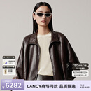 朗姿/LANCY【羊皮】秋季新款复古廓形美拉德高级感真皮衣外套 深棕色2 XL