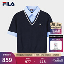 FILA 斐乐官方女子编织衫2026夏新款时尚假两件拼接撞色套头毛衣 藏烟蓝-DB XL 175/92A/XL