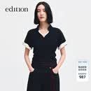 edition毛织上衣女2026春季新款翻折短袖假两件中式羊毛针织衫 深宝蓝色 L