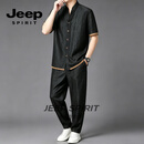 JEEP SPIRIT香云纱真丝唐装男夏季短袖套装中国风男装复古风中式衬衫休闲套装 黑色套装 XL 135-150斤