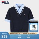 FILA 斐乐官方女子编织衫2026夏新款时尚假两件拼接撞色套头毛衣 藏烟蓝-DB XL 175/92A/XL