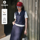 Navigare小帆船假两件V字翻领上衣2026新款女士宽松撞色短袖T恤2325536504