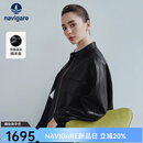 Navigare意大利小帆船真皮羊皮皮衣女士春秋季小立领宽松落肩休闲外套女 暗夜黑 L