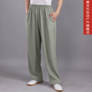 太极裤麻男女春秋夏季棉麻高端练功灯笼裤功夫武术侧兜太极服 豆绿色侧兜款 XL