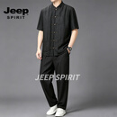 JEEP SPIRIT中老年人唐装香云纱短袖衬衫爸爸装桑蚕丝真丝中国风休闲中式男装 黑色套装（短） M (100-120斤)