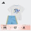 adidas休闲印花圆领短袖套装男女婴童夏季阿迪达斯官方轻运动   白/蓝   104