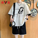 雅鹿夏季学生短袖短裤一套穿搭男孩潮牌潮流套装青少年港风T恤两件套 白色 白短袖+黑短裤两件套装 XL 推荐110-130斤