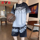 雅鹿夏季冰丝青少年短袖t恤男2026新款学生潮牌运动大童篮球衣服套装 黑色 短袖+短裤两件套 XL 推荐110-130斤