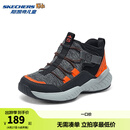 Skechers斯凯奇儿童秋冬休闲棉鞋男童轻便厚底耐磨高帮保暖加绒靴403625L 黑色/橘色/BKOR 32