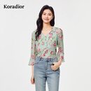 珂莱蒂尔Koradior夏新款6A桑蚕丝施华洛世奇钻饰浪漫玫瑰雪纺衫 淡翠绿 L
