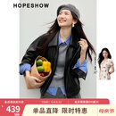 红袖（hopeshow）甜酷气质皮衣2026春季新款女装宽松休闲百搭显瘦翻领PU皮短外套 黑050 S