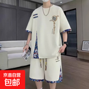新中式国风短袖t恤男夏季半袖休闲运动套装青少年男帅气两件套 杏色 2XL