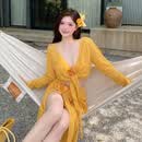 南木熊泳衣女大码微胖比基尼长裙四件套海边度假分体性感辣妹泡温泉泳衣 黄色比基尼四件套 均码 建议【100-160斤】