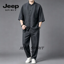 JEEP SPIRIT香云纱真丝唐装男夏季短袖衬衫套装中国风男装中式半袖衬衣休闲套 灰色套装 2XL