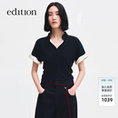 edition毛织上衣女2026春季新款翻折短袖假两件中式羊毛针织衫 深宝蓝色 S