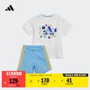 adidas休闲印花圆领短袖套装男女婴童夏季阿迪达斯官方轻运动   白/蓝   104