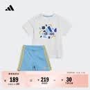 adidas休闲印花圆领短袖套装男女婴童夏季阿迪达斯官方轻运动   白/蓝   104