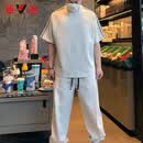 雅鹿夏季男士潮牌拼接条纹休闲运动套装情侣款短袖T恤束脚卫裤两件套 灰色 短袖+长裤两件套 XL 推荐110-130斤