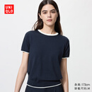 优衣库女装棉莫代尔混纺圆领拼色针织衫短袖T恤26春夏新款485223 69 藏青色 L