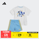 adidas休闲印花圆领短袖套装男女婴童夏季阿迪达斯官方轻运动   白/蓝   104