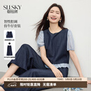 熙世界（sllsky）高智感仿牛仔套装夏季薄款假两件拼色上衣阔腿裤子两件套 宝蓝色 M