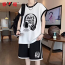 雅鹿无袖T恤男士休闲套装搭配帅气潮流2026新款夏季运动一整套两件套 白色 白色上衣+黑色短裤两件套 XL 推荐110-130斤