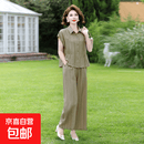 时尚妈妈短袖新款大码棉麻亚麻上衣高端洋气中年妇女夏季年轻套装 卡其绿套装 3XL 建议125-140斤