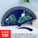 中国风全竹扇子半透短面喷绘 半竹映日荷-蓝骨(扇套扇坠)
