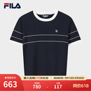 FILA 斐乐官方女子编织衫2026夏季新款简约基础短袖上衣撞色短装 藏烟蓝-DB M 165/84A/M