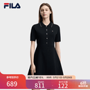 FILA 斐乐官方女子编织连衣裙2026夏新款简约翻领修身收腰连身裙 正黑色-BK L 170/88A/L