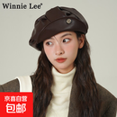 日本设计师联名款新款休闲时尚皮质贝雷帽女褶皱云朵画家帽蓓蕾潮 咖色