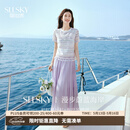 熙世界（sllsky）波嬉风流苏镂空短袖蕾丝小衫夏季小香风圆领渐变晕染上衣 晕染紫 M