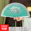 中国风全竹扇子半透短面喷绘 半竹牡丹白柄(扇套扇坠)