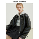 VEGA CHANG机车风皮衣女春秋季2025年韩版bf风一字扣PU皮夹克短外套 黑色 M