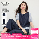 熙世界（sllsky）高智感仿牛仔套装夏季薄款假两件拼色上衣阔腿裤子两件套 宝蓝色 XL