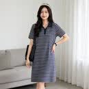 十月妈咪孕妇连衣裙夏季薄款时尚潮妈Polo翻领条纹大码孕妇裙藏青条纹L