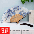 中国风青花瓷古典古风折扇工艺扇 青花牡丹-珠光棕柄(扇坠扇套)